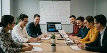 Professionals reviewing employee benefits documents and a calendar marked March 2025.