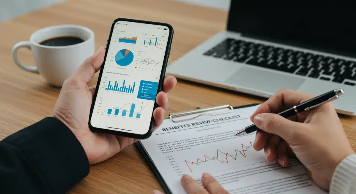 Person reviewing financial benefits on a smartphone and making notes on a checklist.