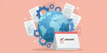 Illustration of global environmental policy changes taking effect in January 2025, with gears and legislative papers.