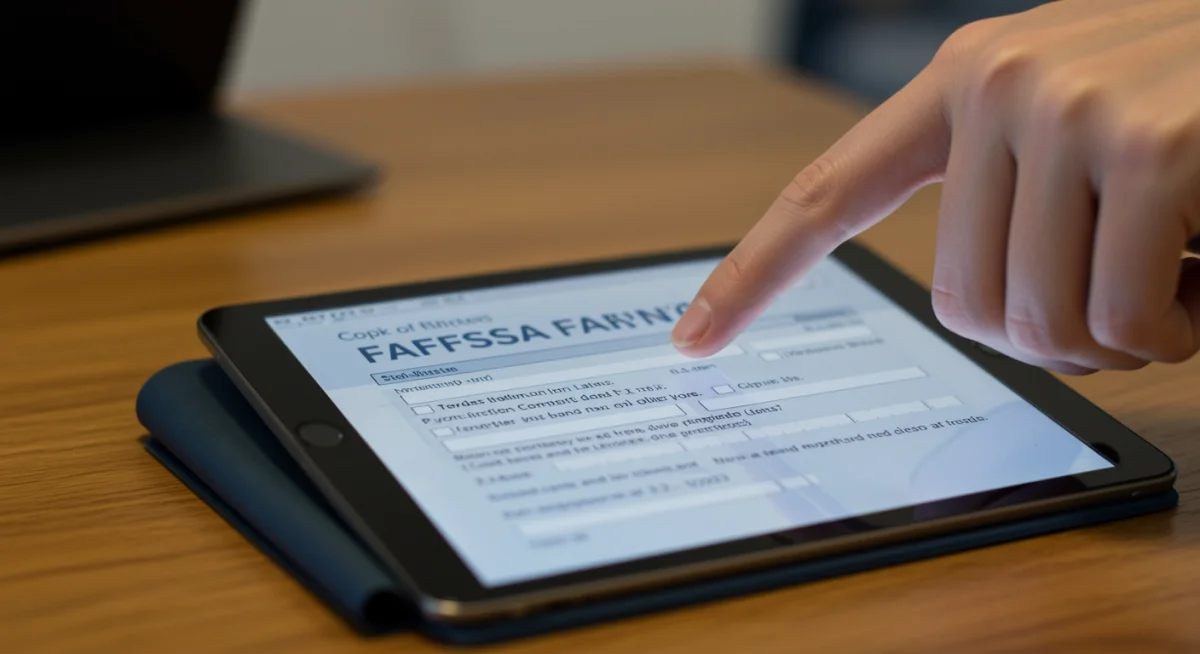 Hand pointing at simplified digital FAFSA application form on tablet