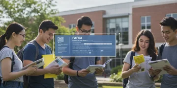 College students reviewing financial aid information, FAFSA form visible