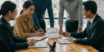 Employees receiving financial coaching and planning from an advisor in a corporate office, symbolizing workplace financial wellness.