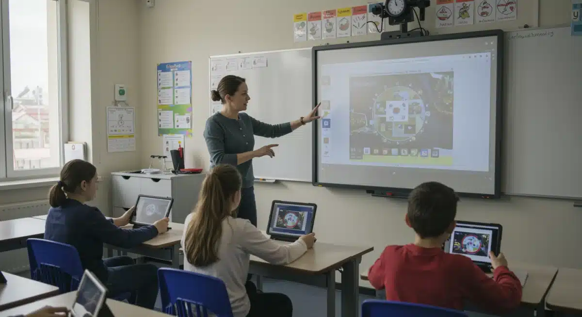 Teacher and students engaging with interactive digital lesson