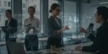 Professionals collaborating in a futuristic office with data visualizations, representing 2026 job market trends.