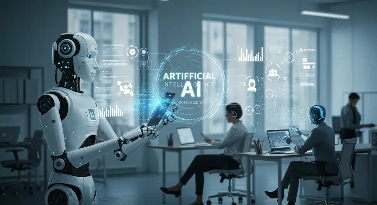 AI and human collaboration in a modern office, highlighting AI's growing role in the job market.