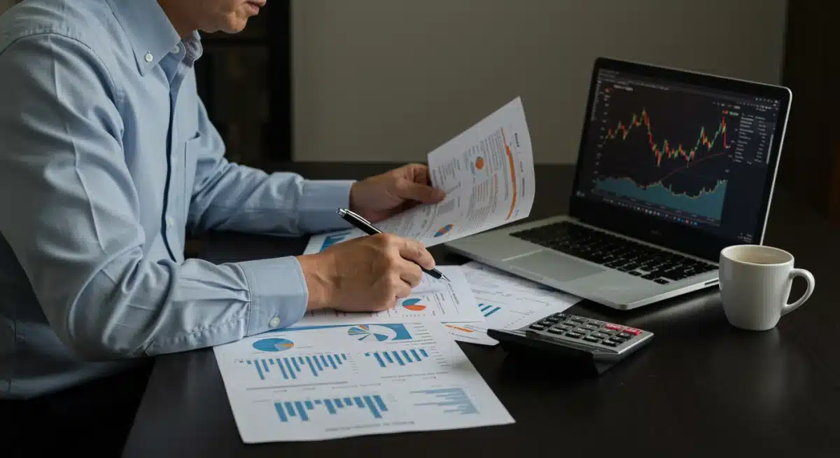 Individual analyzing financial statements during interest rate changes