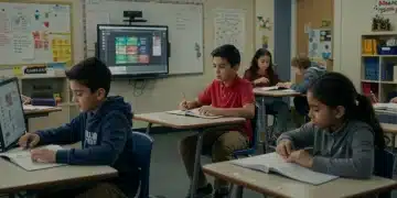 Futuristic classroom with diverse students and technology, reflecting 2026 education policy impact