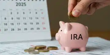 Hand placing coin into IRA piggy bank, symbolizing 2025 retirement savings.