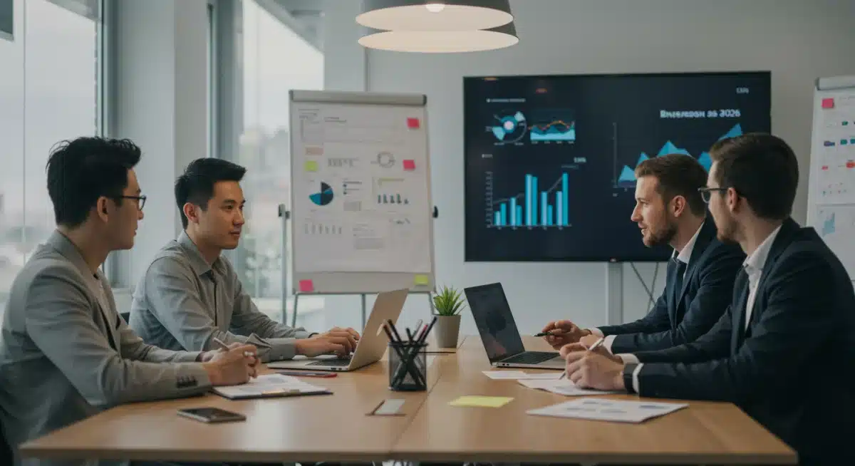 Professionals collaborating in a modern office, analyzing job market data