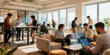 Modern office with diverse team collaborating after Great Resignation