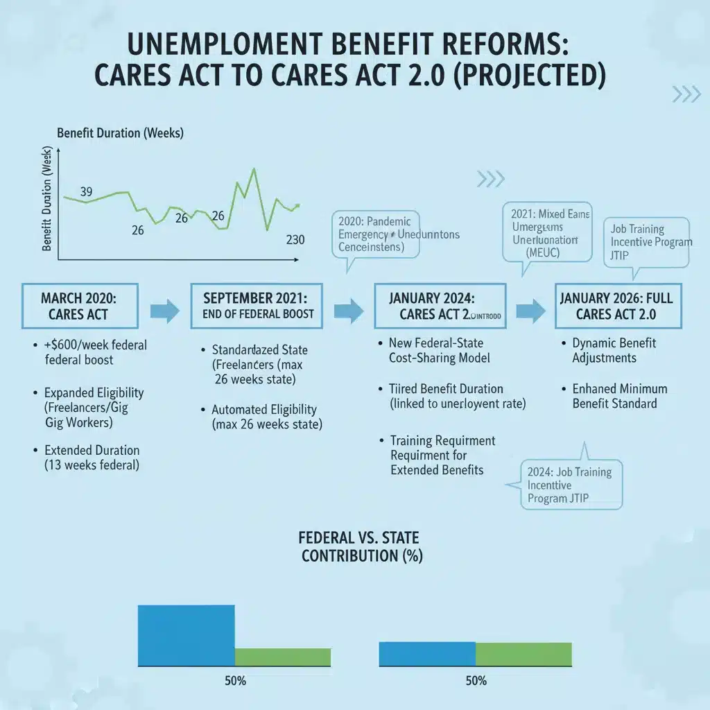 Timeline infographic detailing unemployment benefit reforms from CARES Act to CARES Act 2.0 in 2026.
