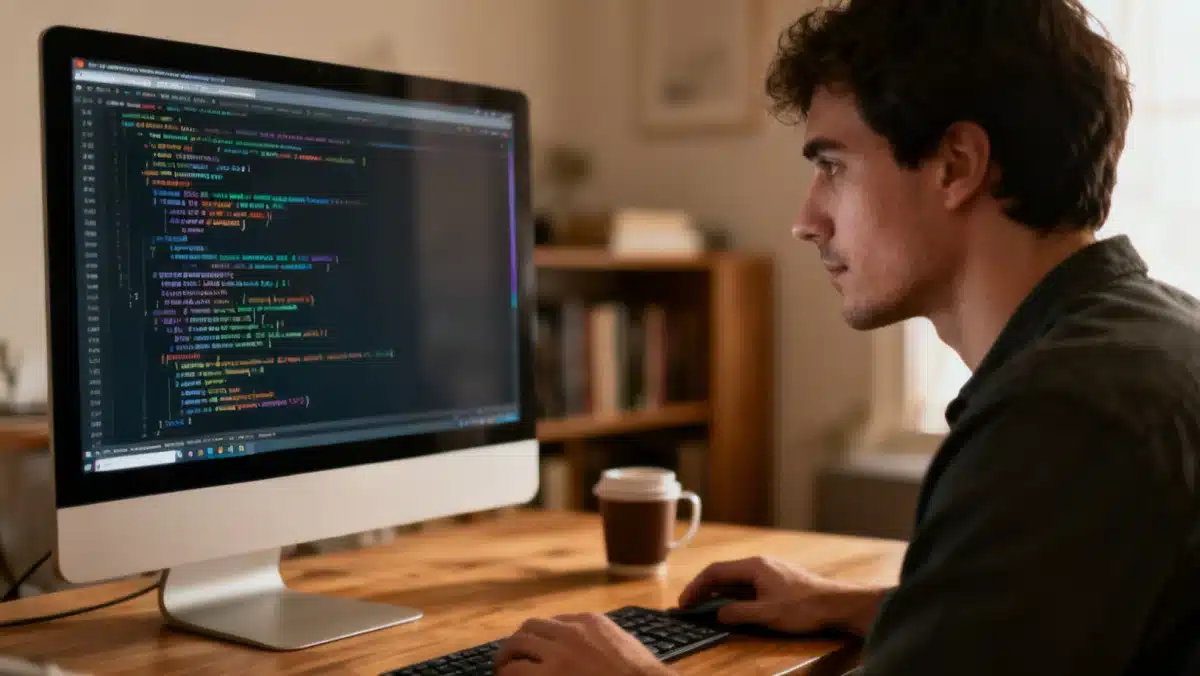 Individual focused on coding and data analysis on a computer, representing technical skill development.