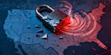 Shattered digital padlock over US map, binary code, representing a 2026 cybersecurity breach affecting Americans.