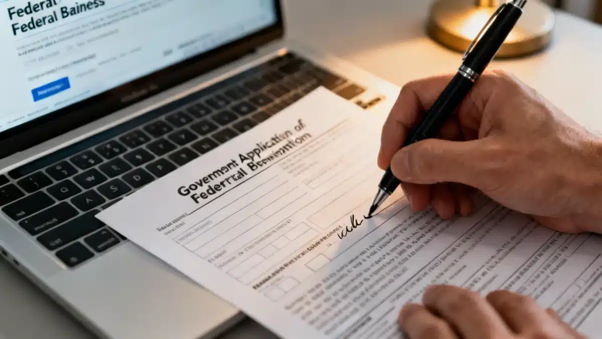 Hand filling out a federal benefits application form.
