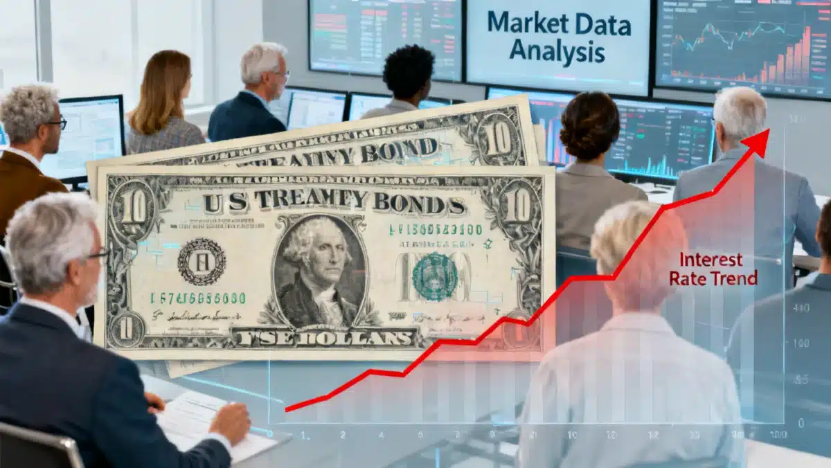 US Treasury bonds with rising interest rate graph and investor analysis
