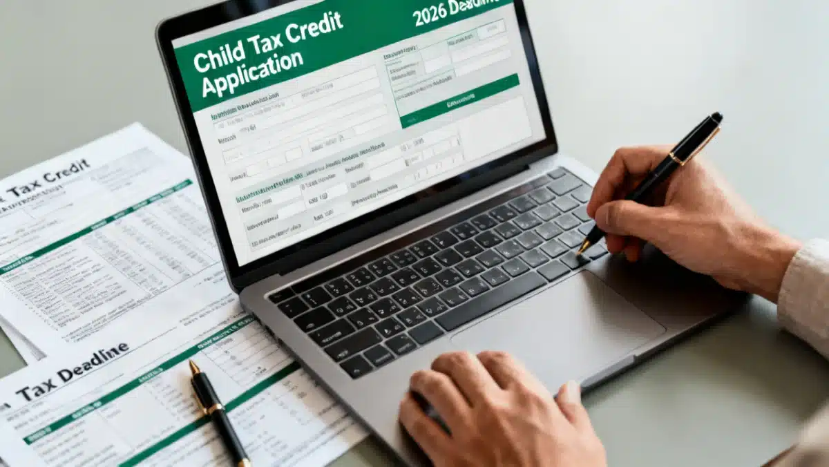 Hands filling out digital Child Tax Credit application form on laptop for 2026 deadline