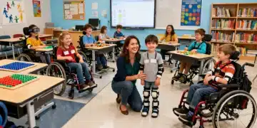 Diverse students and teacher in modern inclusive special education classroom