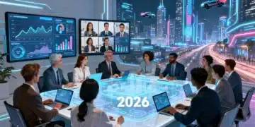 Professionals collaborating remotely in a futuristic digital workspace, symbolizing remote work in 2026.