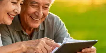 Senior couple reviewing financial plans on a tablet, happy and secure about retirement income.