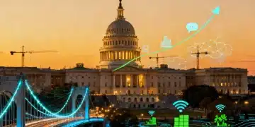 US Capitol Building with digital overlays representing infrastructure development and economic growth