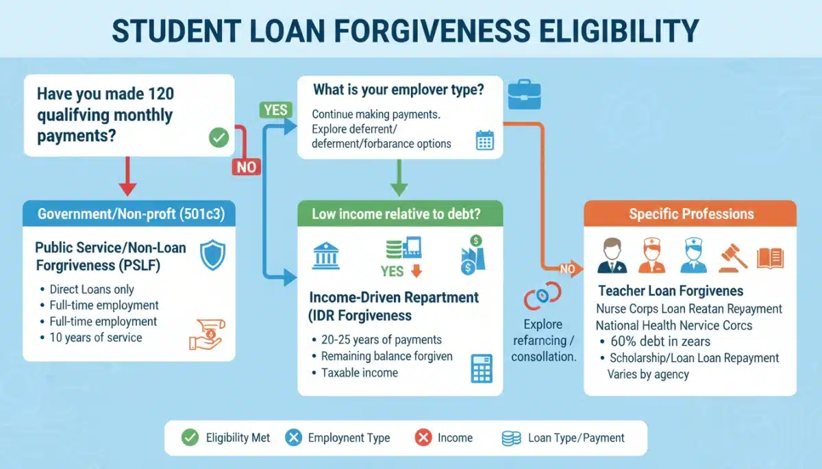 Flowchart detailing eligibility for 2026 student loan forgiveness