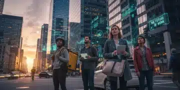 Diverse gig workers in US city, symbolizing future regulations