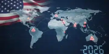 Global trade network with US at center, highlighting trade tensions and economic projections for 2026.