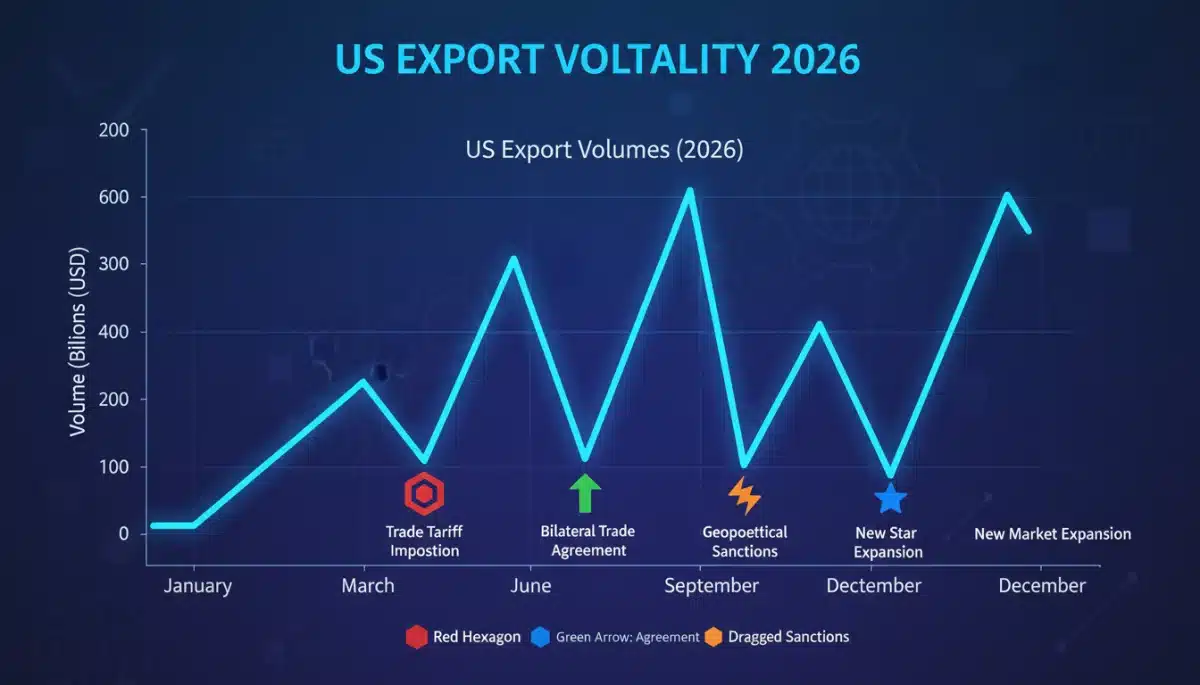 Graph depicting US export market fluctuations and trends influenced by global events in 2026.