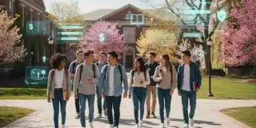 Students on campus discussing federal student aid benefits