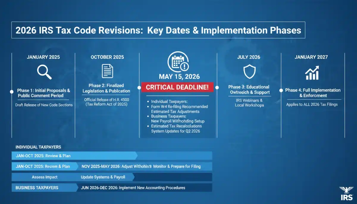 Timeline graphic showing key dates and implementation phases for 2026 IRS tax code changes.