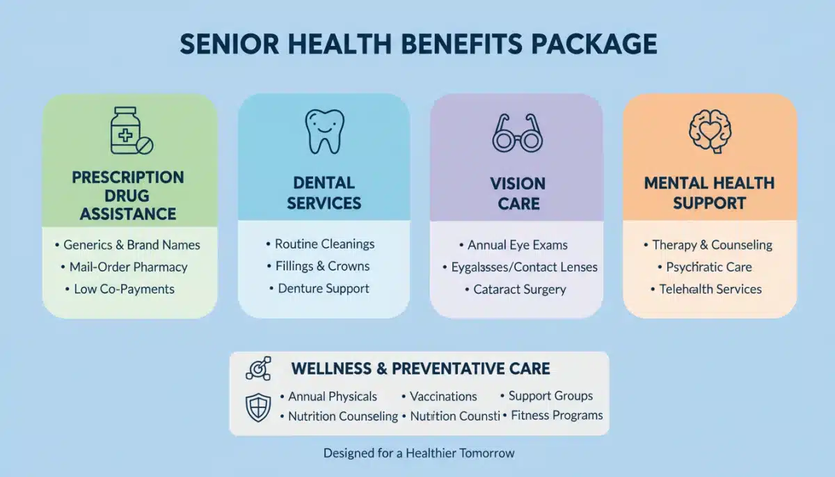 Infographic detailing comprehensive senior health benefits components