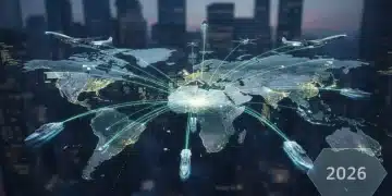 Global trade network converging on the United States in 2026, illustrating policy changes and economic impact.