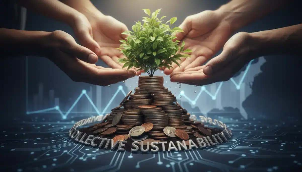 Diverse hands nurturing a plant from coins, symbolizing collaborative sustainable investment in the US.