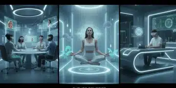 Futuristic office with diverse employees benefiting from modern perks