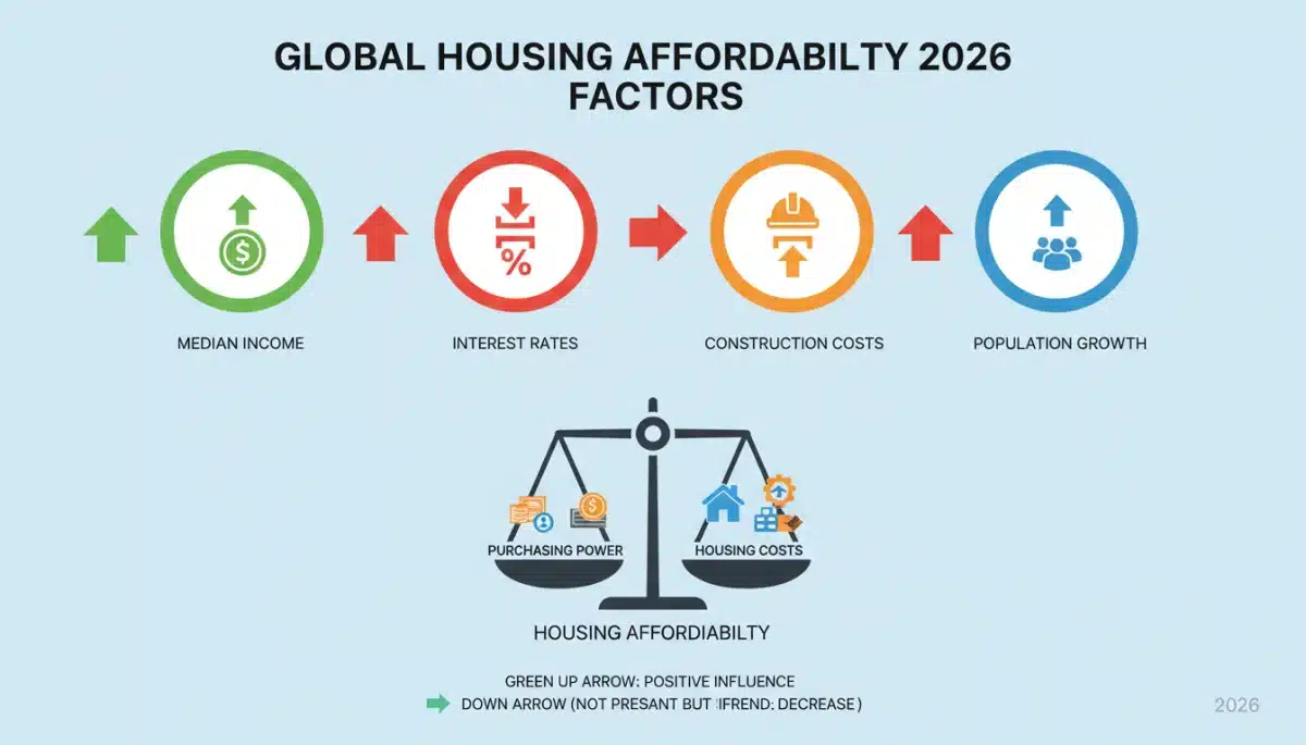 Infographic on housing affordability factors in 2026, including income, interest rates, and construction costs.
