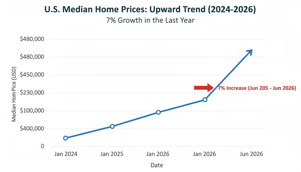Graph showing a 7% rise in U.S. median home prices by June 2026