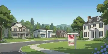 Suburban US neighborhood with houses and a 'for sale' sign, representing the 2026 housing market.
