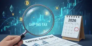 Investor reviewing 2026 capital gains tax documents with magnifying glass