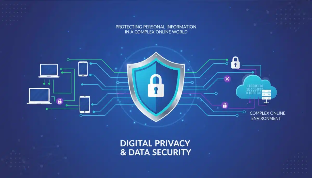 Infographic illustrating digital data flow and privacy protection measures