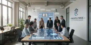 Diverse professionals collaborating on innovative hiring strategies in a modern office.