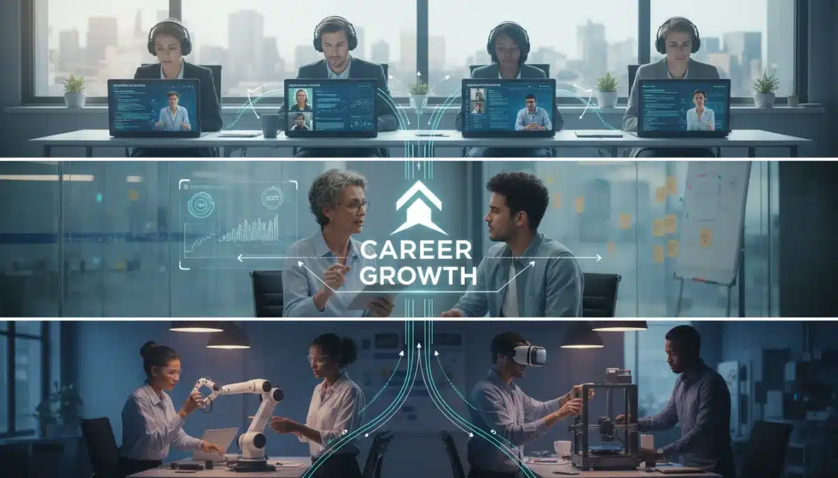 Employees participating in an upskilling and reskilling program for future job roles.