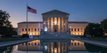 Supreme Court building with digital privacy symbols, representing the 2026 ruling