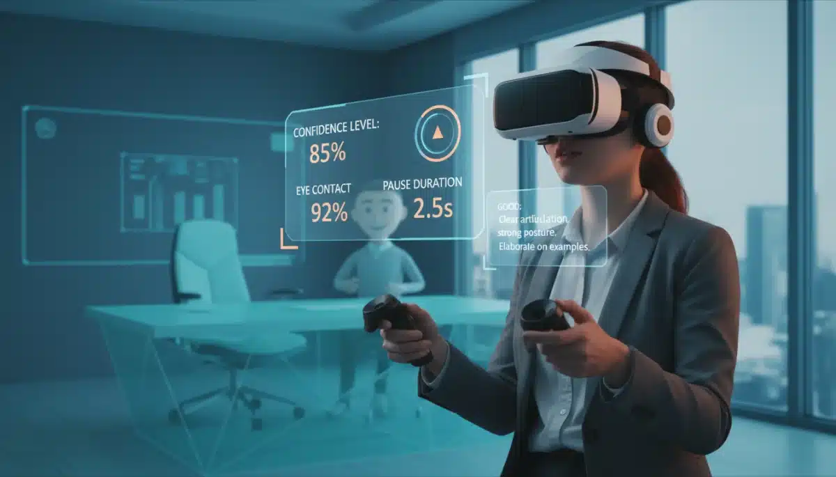 Job seeker practicing virtual reality interview simulation