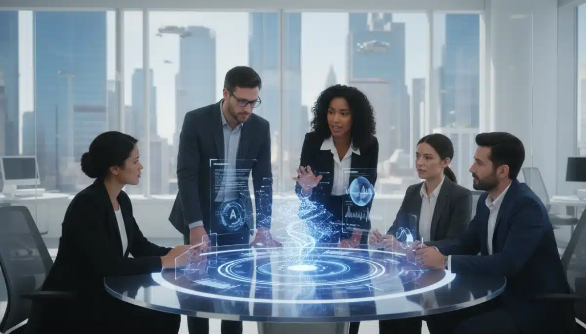 Professionals analyzing AI and quantum computing data on a holographic interface in a modern office setting.
