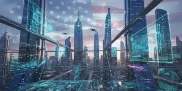 Futuristic cityscape with digital data overlays symbolizing technological impact on U.S. economy