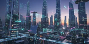 Futuristic cityscape with advanced technology and data projections representing 2026 tech disruptions.
