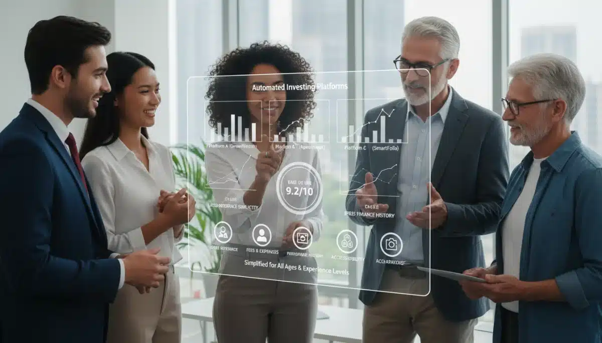 Diverse investors reviewing comparative robo-advisor data