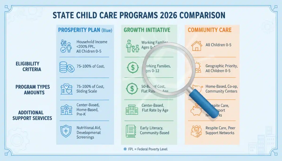 Infographic comparing key features of various 2026 state child care benefit programs.