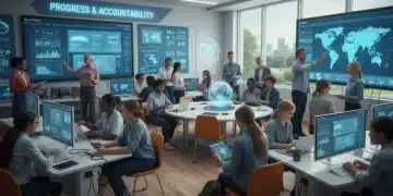 Students and teachers using digital tools for learning in a modern classroom